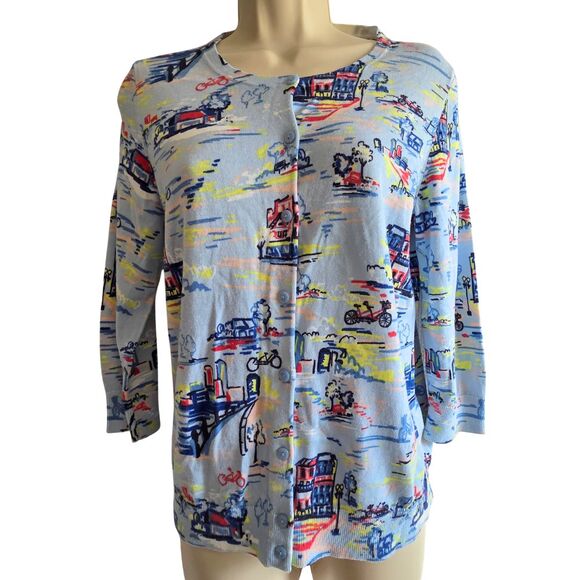 Talbots Petite M Cardigan Blue Bicycle Print - Picture 2 of 10